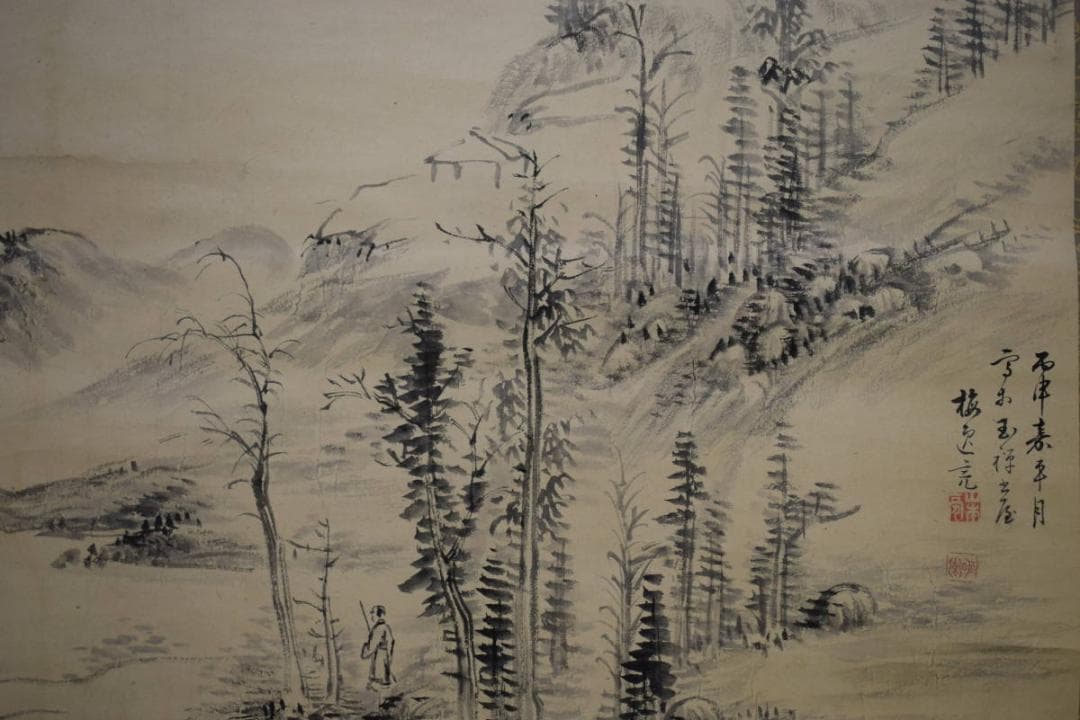 真作/山本梅逸/山水人物図/布袋屋掛軸HF-668