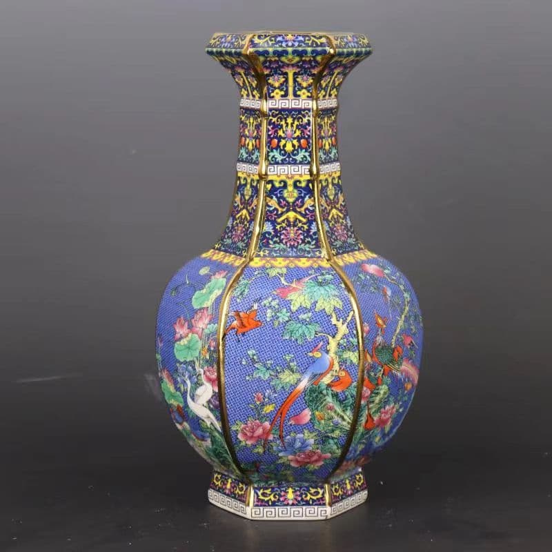 景徳鎮 美品 清朝乾隆  パステル 花鳥六方瓶