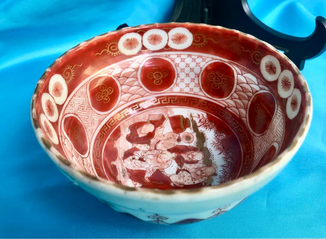 再値下げ★九谷焼　骨董　赤絵金彩☆竹林七賢人☆茶碗　絵付☆希少 品