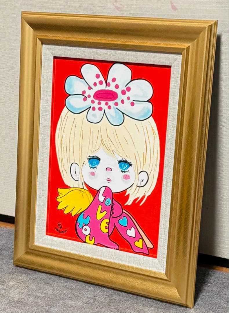 【F4号】手描き油彩画　水森亜土　額縁　未使用額　サイン　人気絵柄　絵画　女の子