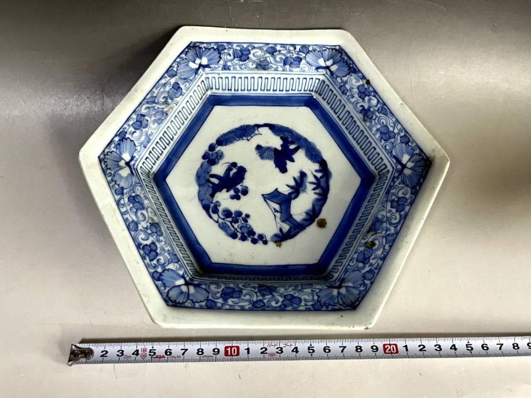 皿■染付花唐草文六角皿 松竹梅 (江戸期) 青華 凱 古伊万里 時代物 骨董品■