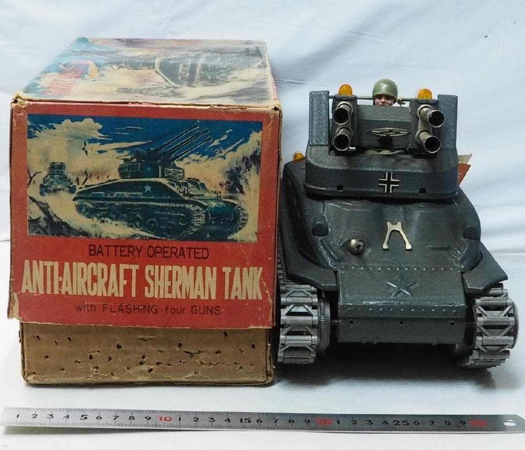 米澤【 シャーマン タンク 対空戦車 動作不調】当時物ブリキ自動車TIN 箱付