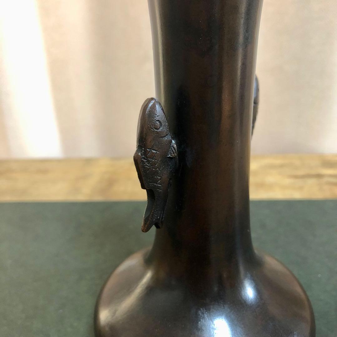 唐銅双鯉耳付花入 共箱 茶道具
