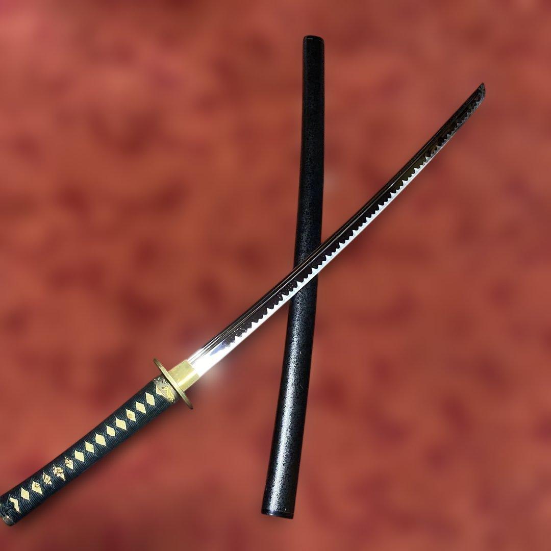 高級居合刀(下緒無し) 濃緑柄 海老彫丸四角鍔