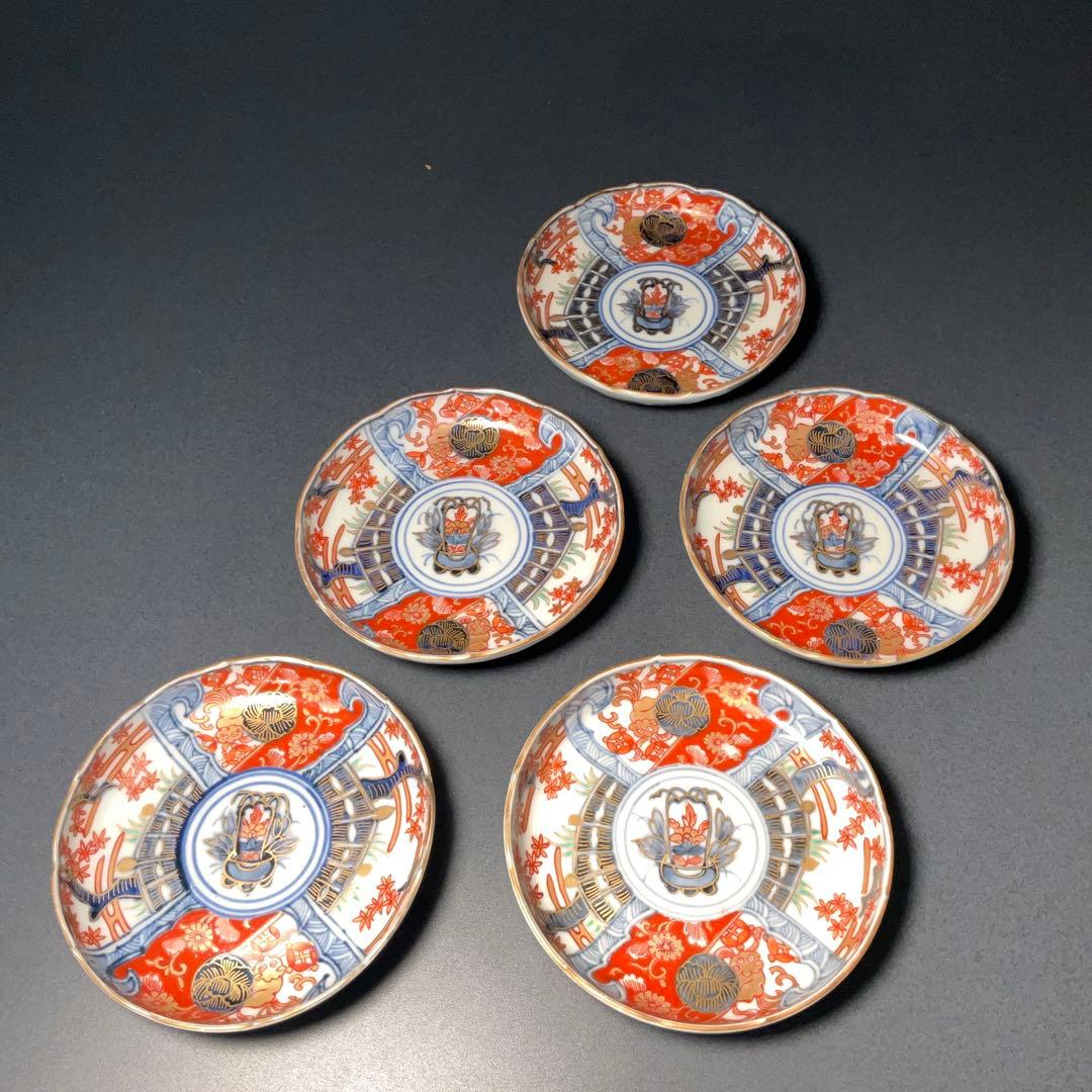 伊万里金襴手 花籠図小皿５枚組　桐箱付　∅11　骨董　古伊万里　R1292お12
