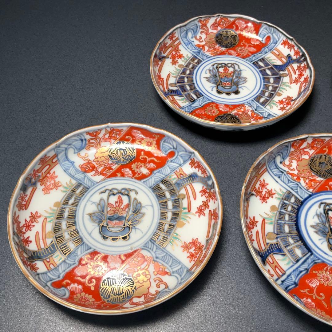 伊万里金襴手 花籠図小皿５枚組　桐箱付　∅11　骨董　古伊万里　R1292お12