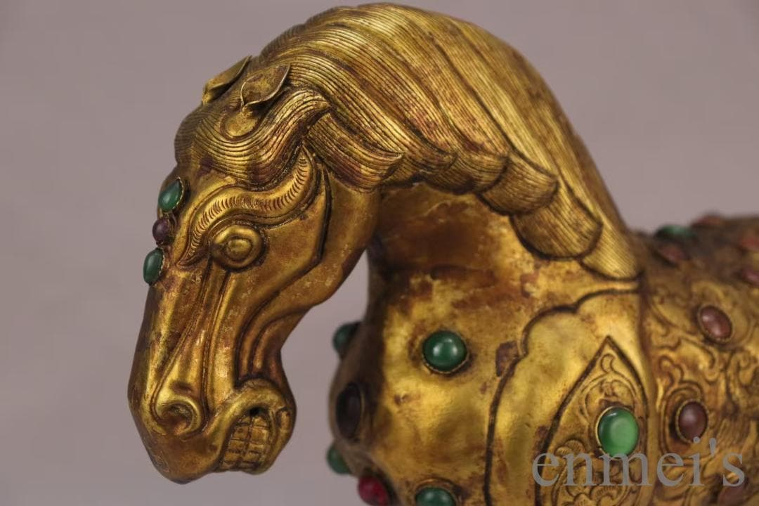 中国古美術 旧蔵 鍍金銅馬 精銅製 鍍金装飾 彫刻馬像 置物 純手作り 古美味