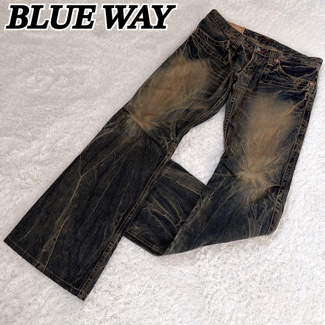 BLUE WAY ブルーウェイ 鬼ヒゲ フレア デニム パンツ ジーンズ Y2K