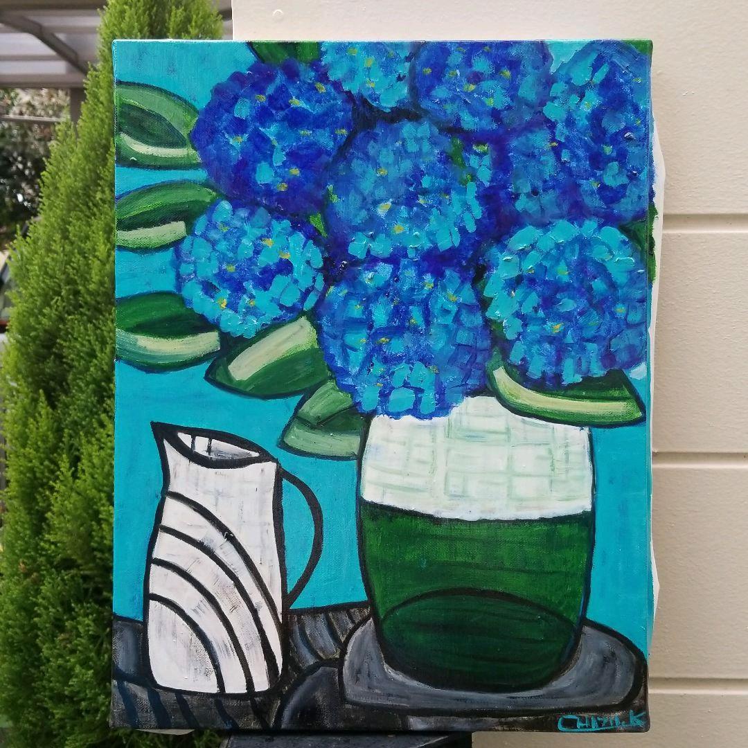 油絵　専用　青いあじさいを差したテーブル