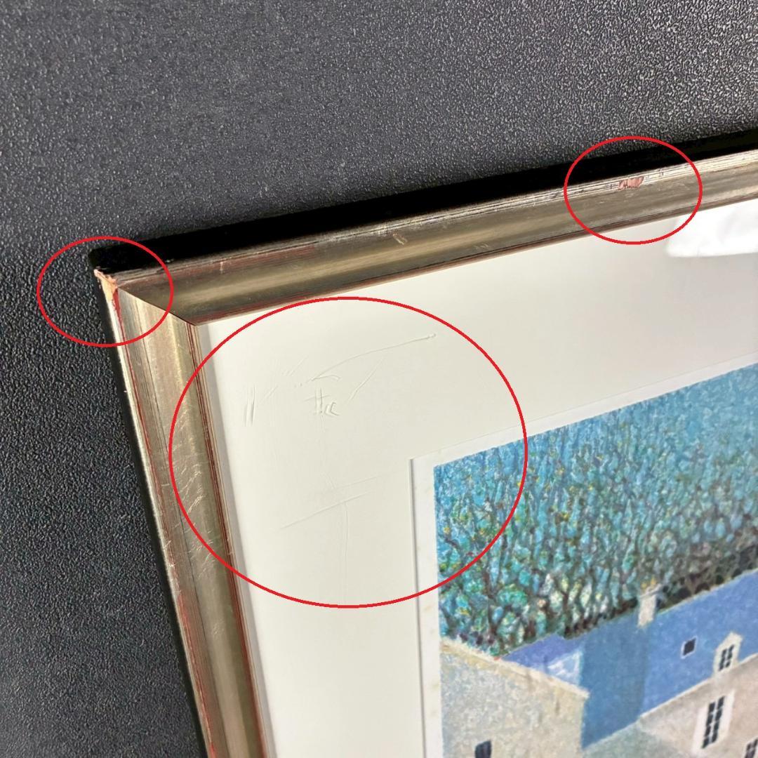アンドレ・ブーリエ「ブルーの屋根」リトグラフ 直筆サイン入 点描画