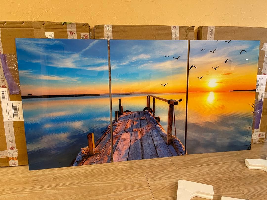 新品　ガラス　壁掛け　アートパネル ポスター　3PCSセット 自然風景　絵画