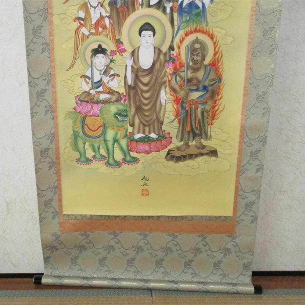【保管品】掛軸 米谷旭秋『十三佛』絹本 共箱付 未使用 仏事用の掛け軸 廊7-1