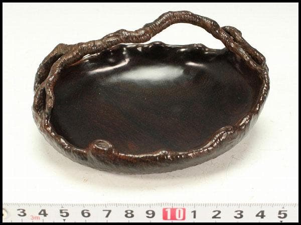 紫檀 刻 手付 皿 13.5cmx12cm 文房四宝(K-HA489)