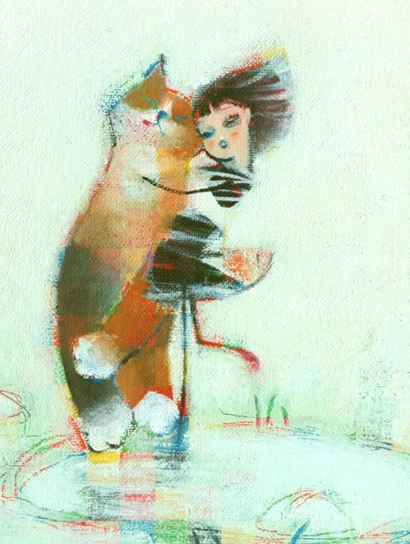 油絵 菅家令子 絵 絵画 インテリア F4-072719 可愛い子猫と女の子蟻