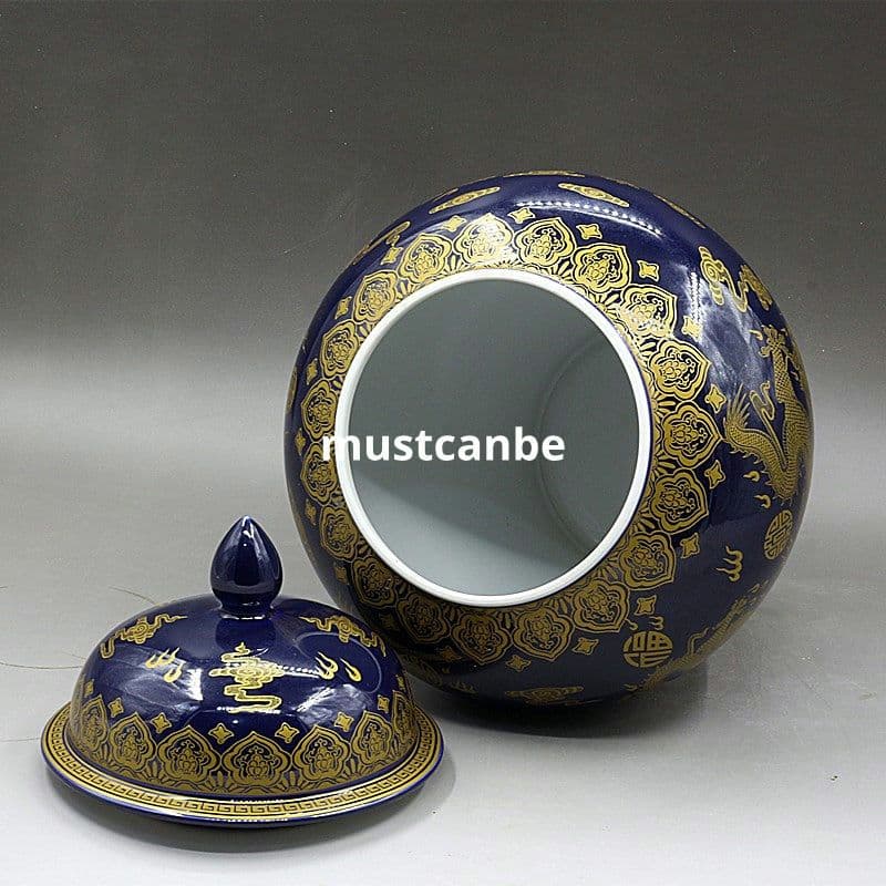 大清乾隆宝石藍蒔金竜紋将軍缶 景徳鎮 陶磁器 装飾品 現代工芸品 美術品 置物