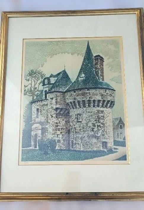 岡鹿之助　木版画　 城の風景画 　加藤版画研究所　サイン入り
