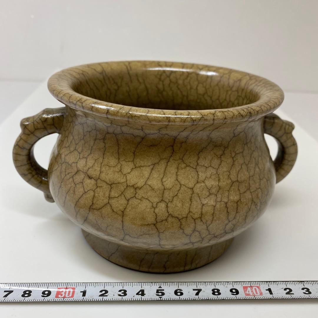 中国古窯　哥窯双耳香炉　高さ10.2㎝　トヒチル　東さ7-0728①