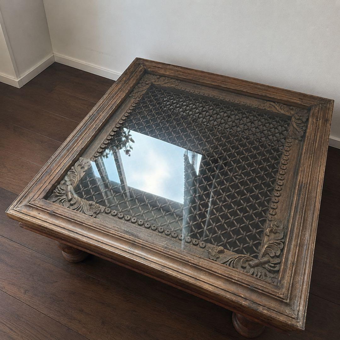 【たのメル便】アンティークインド家具 彫刻装飾付き鉄製×木製座卓