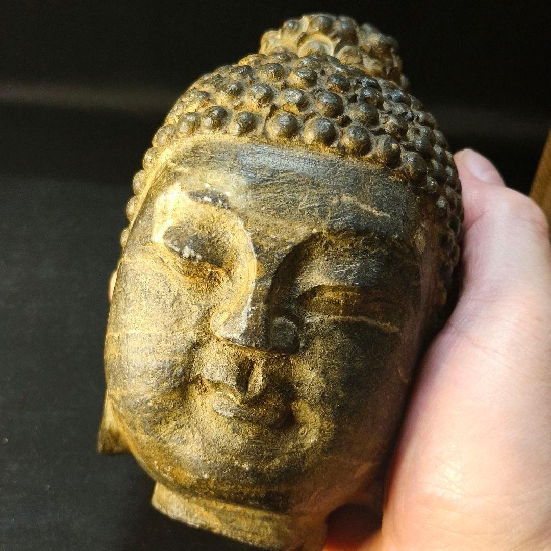 中国仏教美術 佛頭 天然石 手彫り骨董 アンティーク 石窟発掘 蒐集家放出極上品