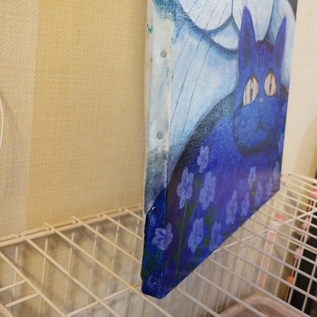 油絵　専用　三代そろった猫と青い花
