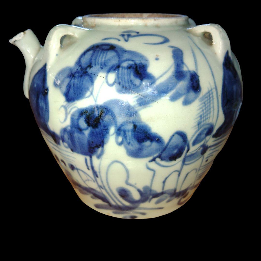 中国美術　山水漢詩文青華四耳水注　時代物