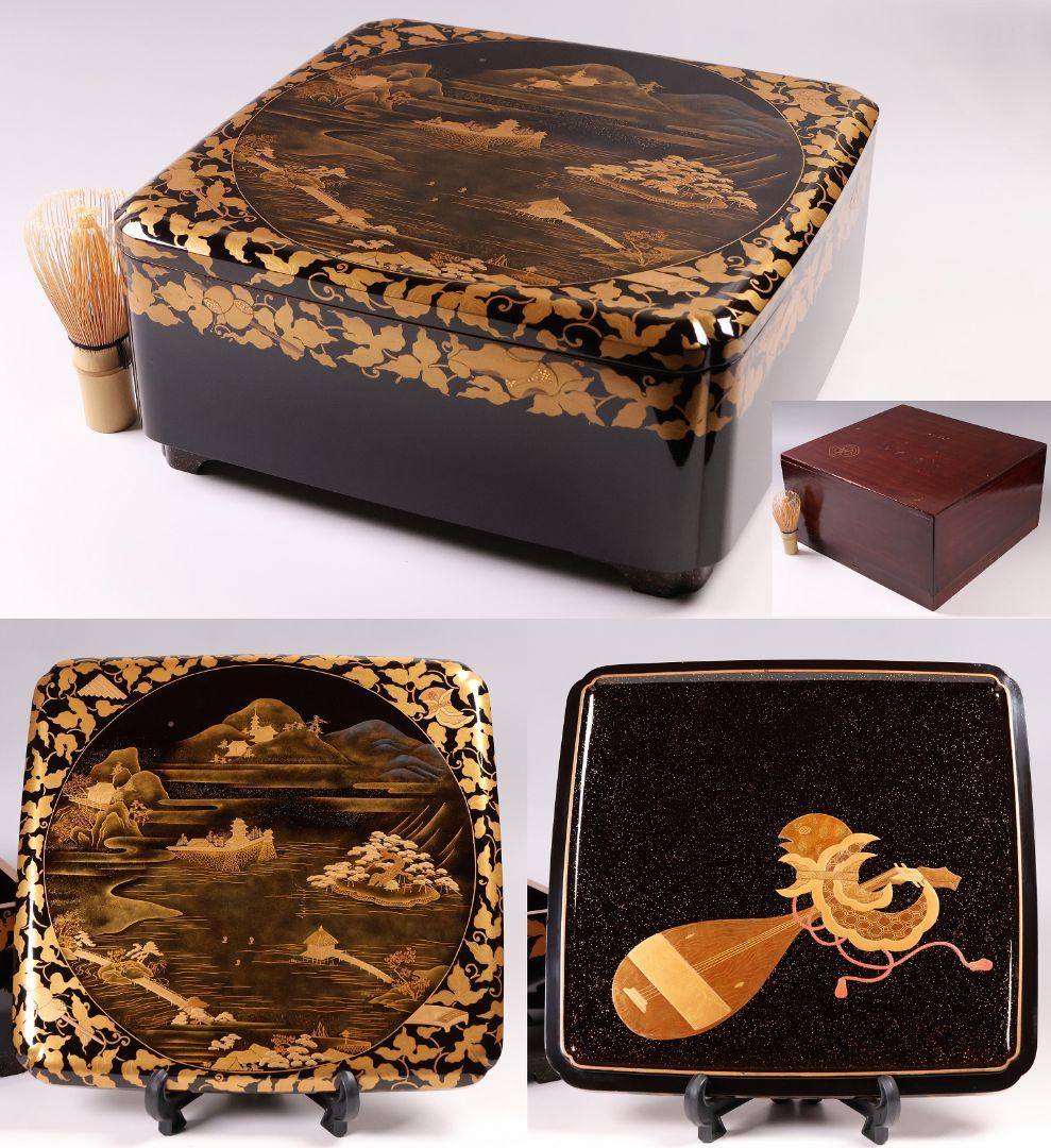 【MA698】加賀蒔絵 饅羹重 楼閣山水楽器唐草 金蒔絵 木製 饅頭箱 菓子器