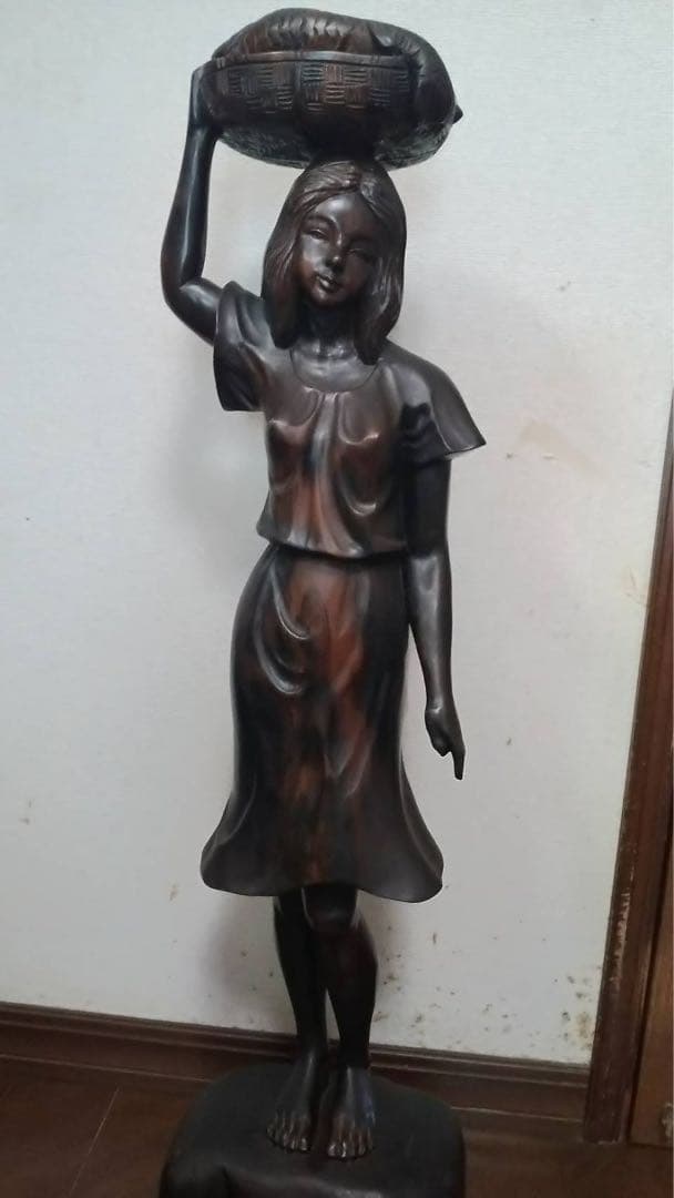 木彫り 女性像 94cm 黒檀 置物 バリ島 美人像 アンティーク 彫刻 工芸品