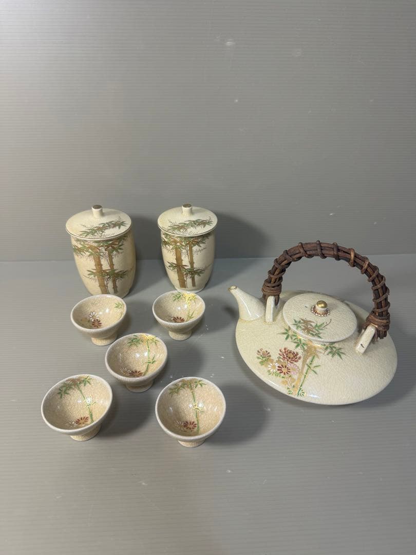 2523 薩摩焼　竹菊文　茶器セット　急須1客　猪口5客　湯呑蓋付2客