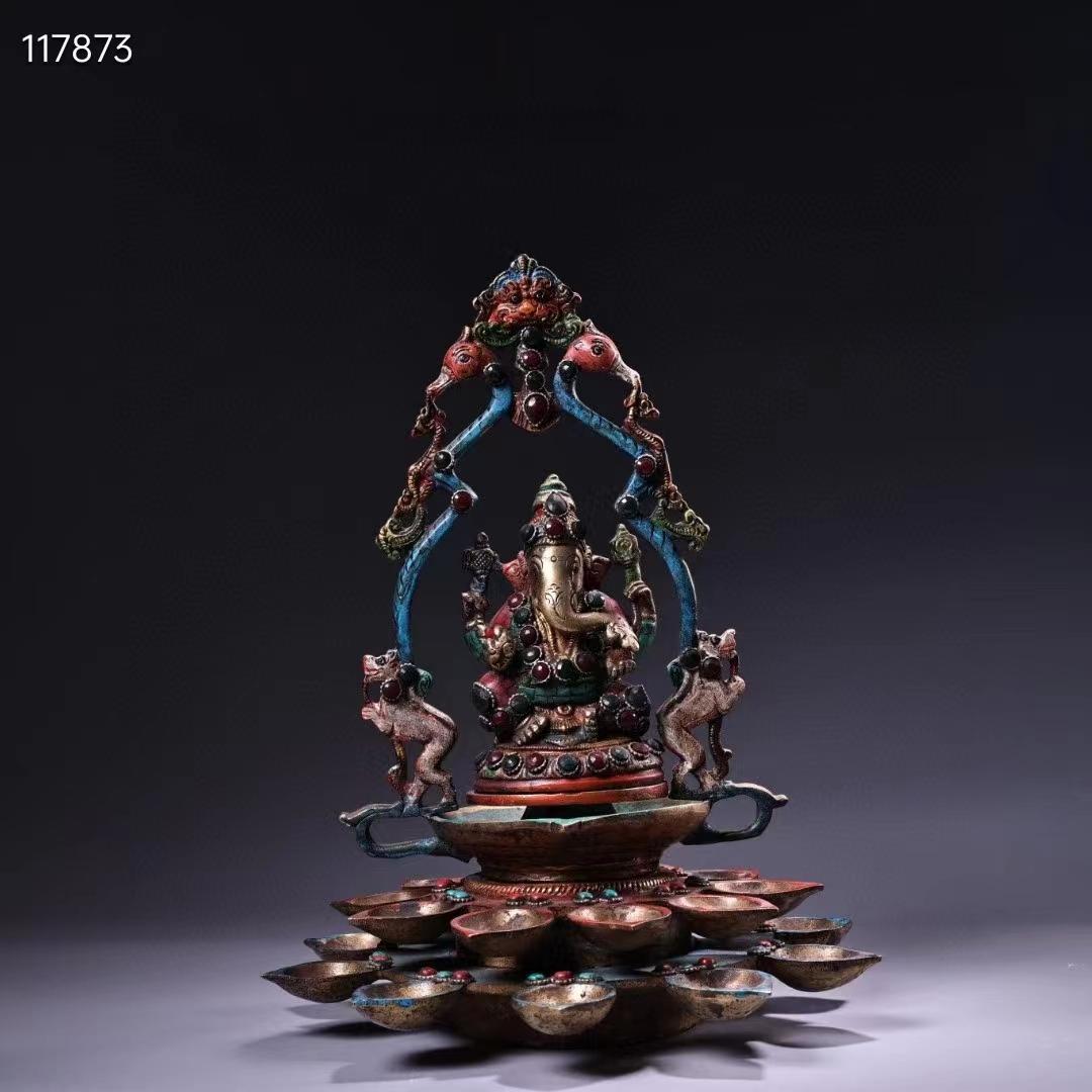 中国古美術・旧蔵象の鼻の富貴神の蓮の花油灯・純銅・蔵伝工芸・宝石彩絵描金・木箱付