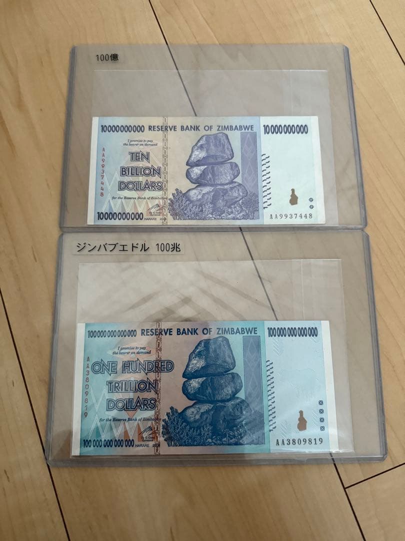 2008年発行ジンバブエ100兆ドル札　100億ジンバブエドル札　2枚セット