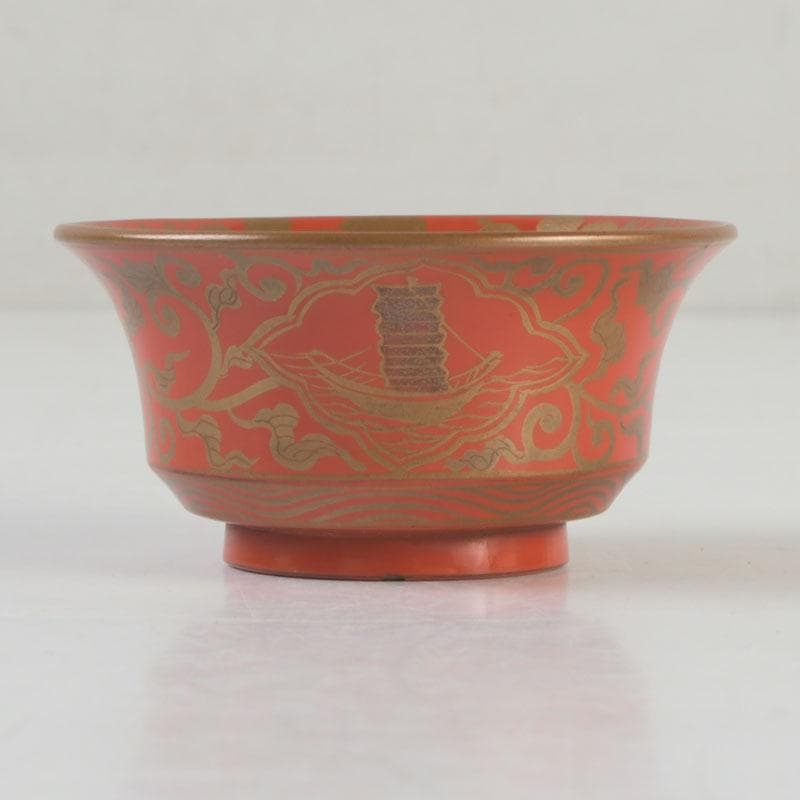 時代根来　朱塗　山水人物蒔絵　杯　盃　在銘　共箱　C　9394