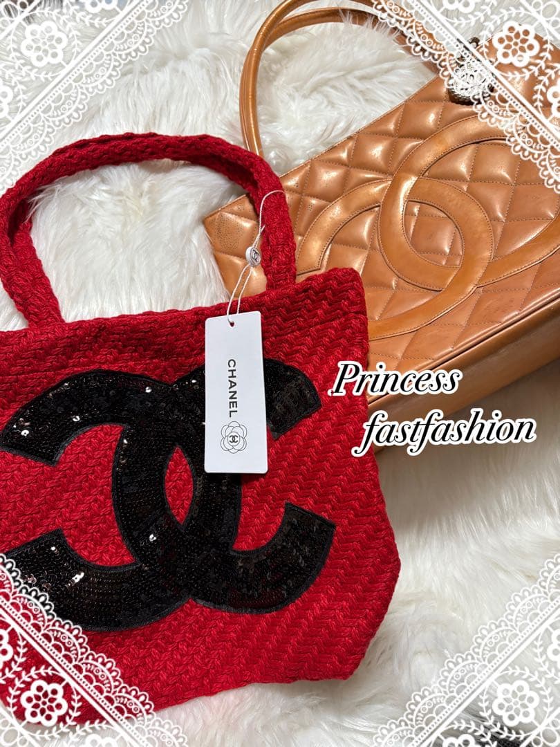 ケ*ン様 シャネル CHANEL ニット編み レッド＆ブラック スパンコール ト