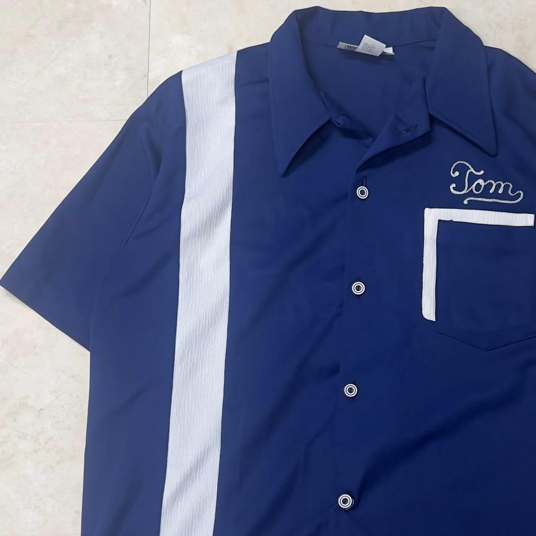 70s ボーリングシャツ USA製 青 チェーンステッチ XL開襟シャツ