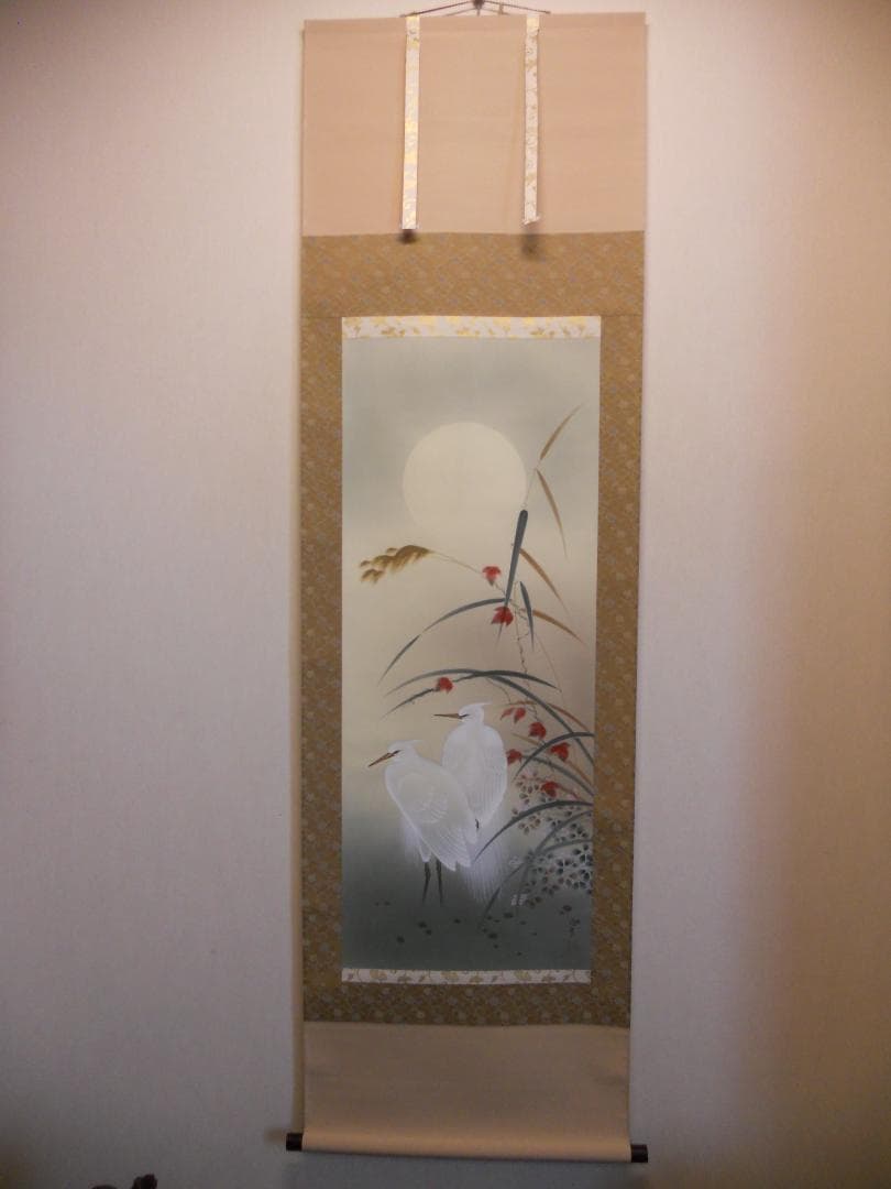 専用商品 掛け軸 桜井浩堂 月下白鷺之図 絹本 希少 軸装 茶道具 掛軸 美品