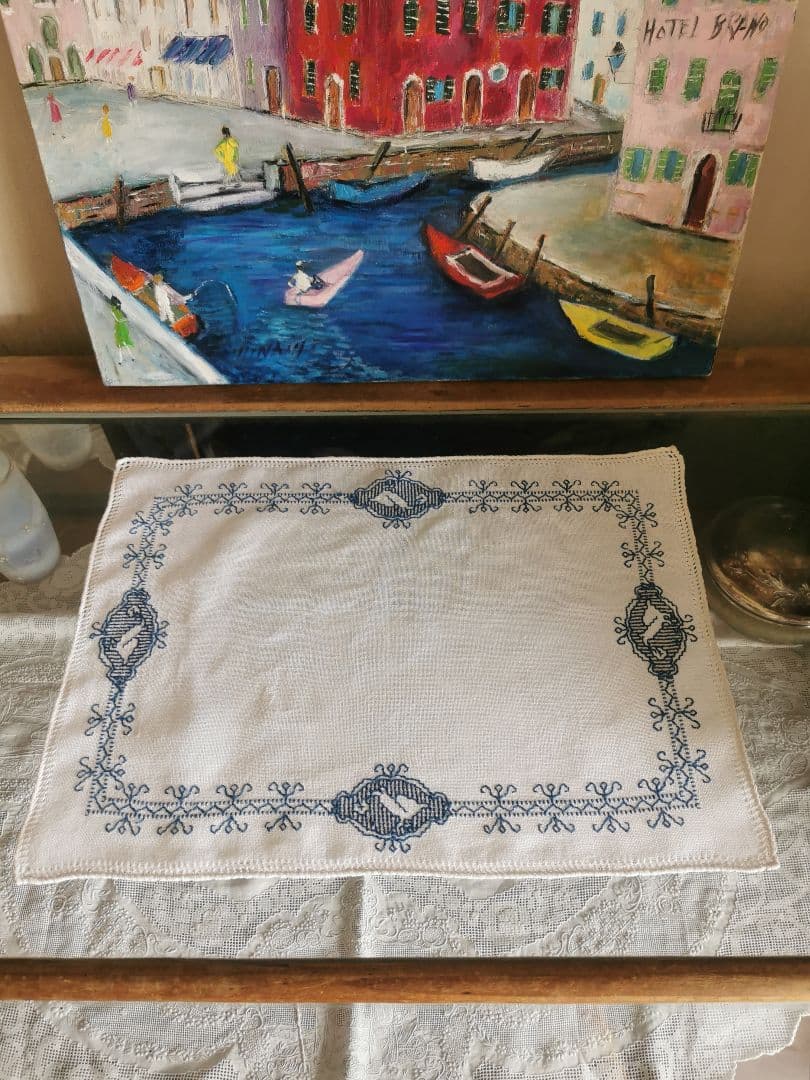 アンティークフランス 青い鳥のクロスステッチ刺繍 青糸刺繍ランナー リネンクロス