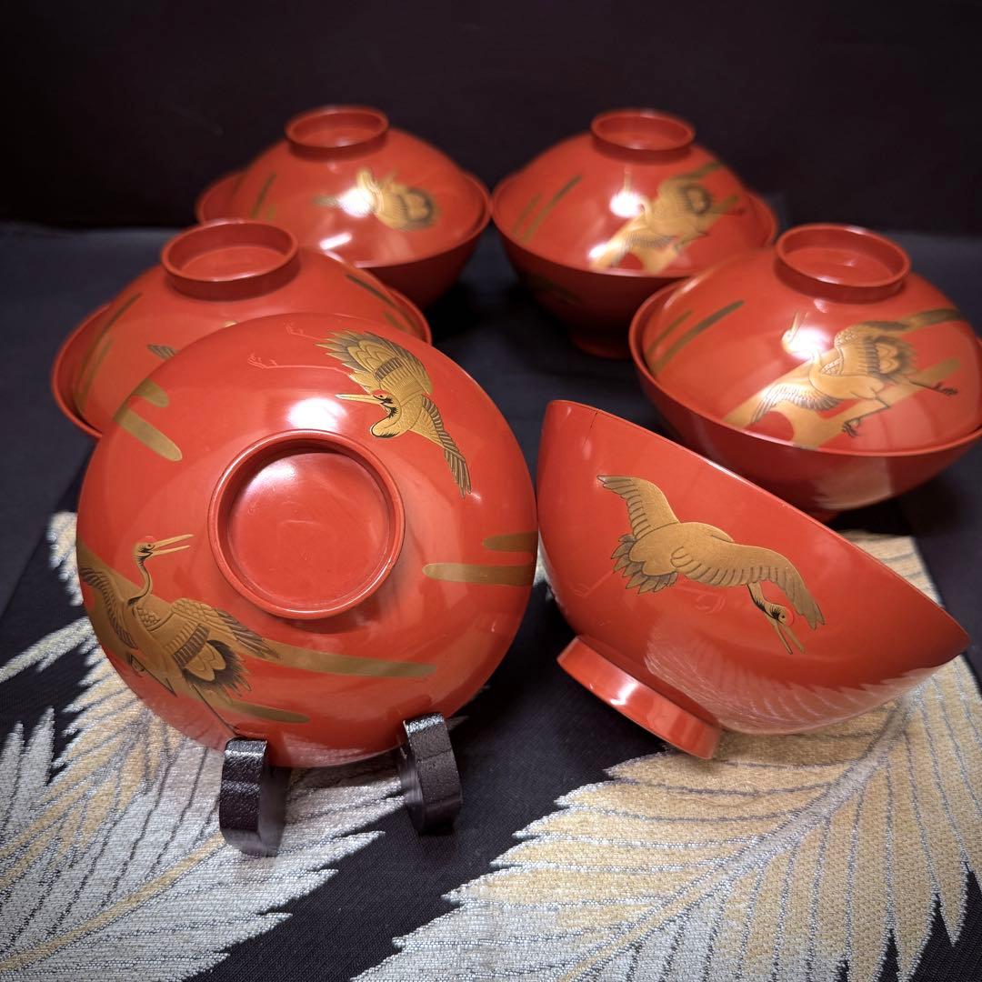 漆器　輪島塗　金蒔絵松鶴文　木製　蓋付椀　お煮物椀　吸物椀　5客　骨董品