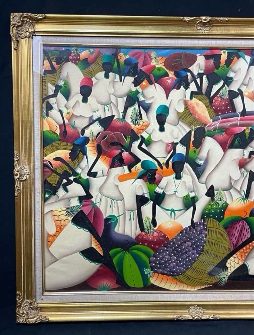 真作保証 特大 タヒチ絵画 油絵 肉筆 額装 美術品 海外 フラントス
