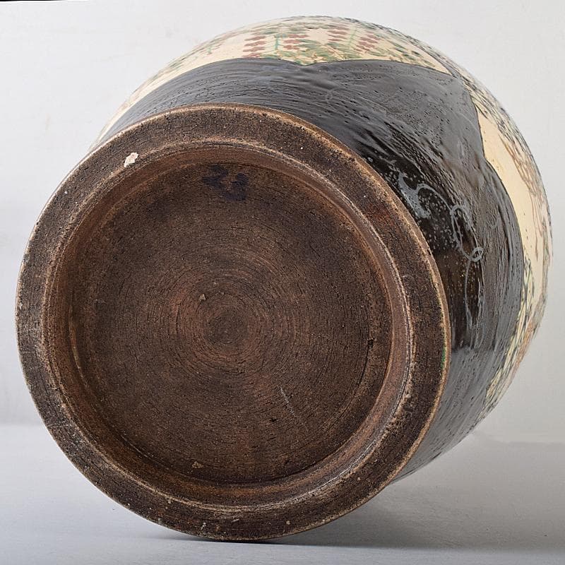 薩摩焼　古薩摩　色絵金彩　扇窓絵鳳凰獅子花文瓶　壷　高さ約45㎝　UR7915B