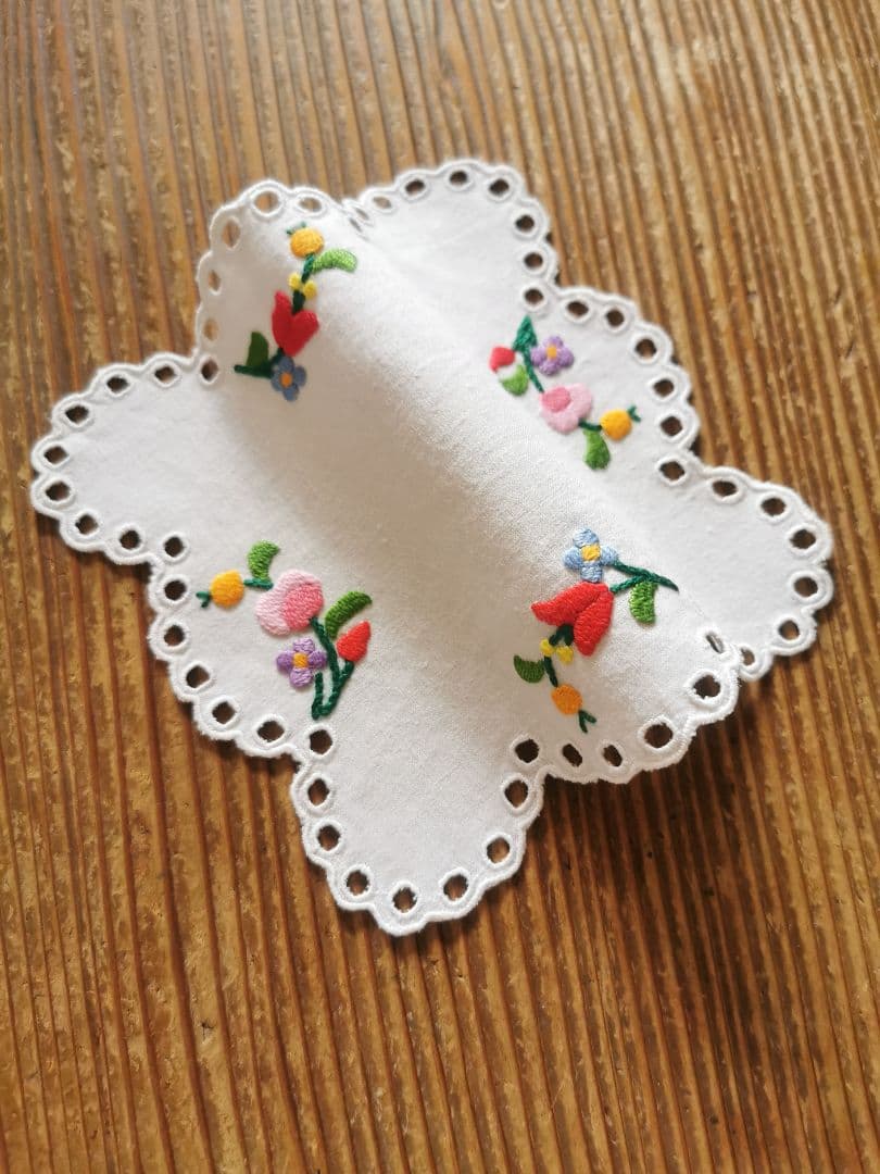 アンティークハンガリー/ カロチャ刺繍 スカラップアイレットドイリー