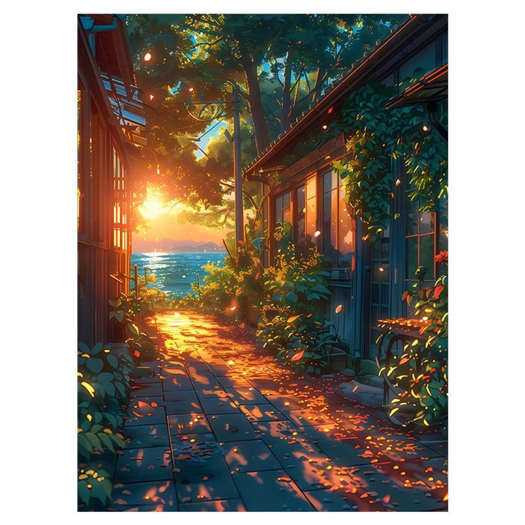 風景画 夕日と自然の小道