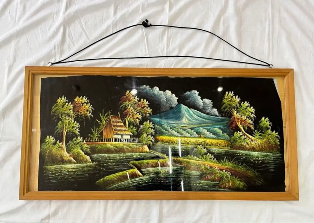 【アンティーク】額縁 額装 絵画 大きめ 木枠 風景画 草木 山 川 田舎 油絵