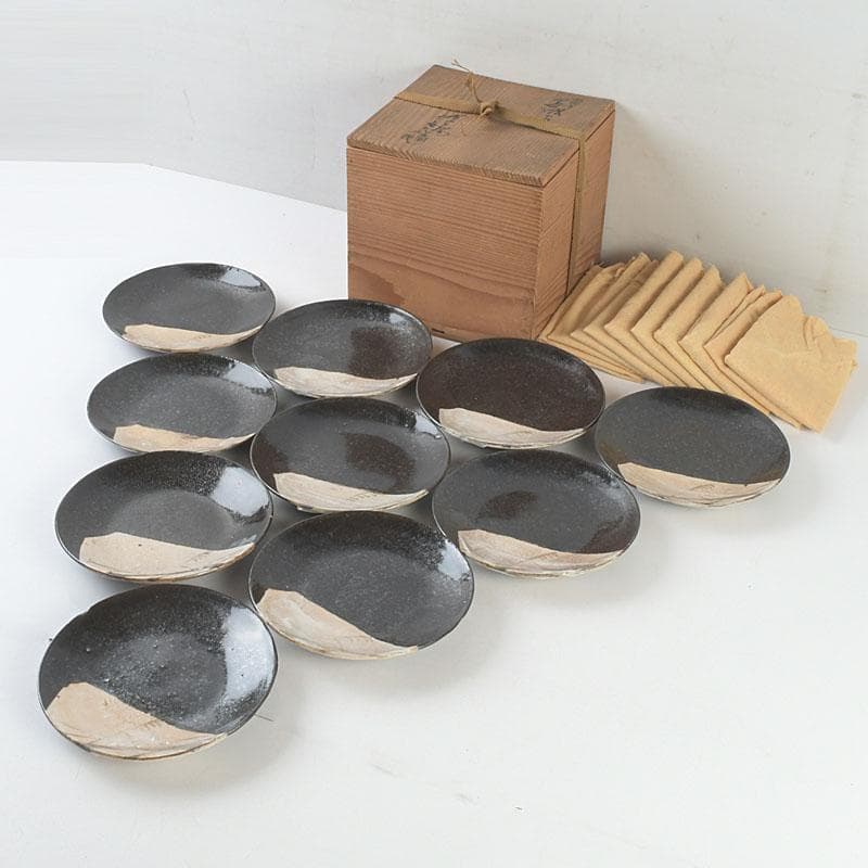 和食器　織部焼　竹里庵　葵窯　加藤春二作　草文皿　十客　共箱　V　9735