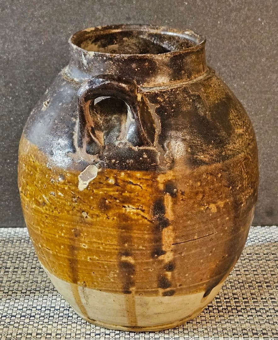 中国古陶磁器　古玩　宋時代　磁州窯系　 褐釉　双耳　胴継ぎ　壺　花入れ　伝世箱付
