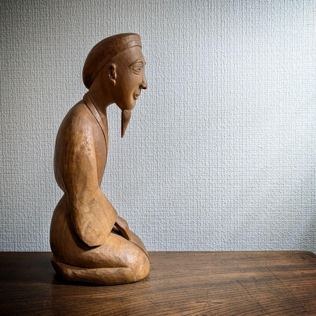 千利休 木彫 像 高さ24.5cm 茶道具 オブジェ 手彫り 木像 置物