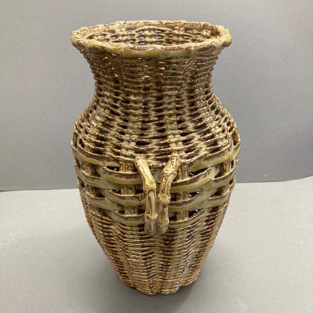 骨董品　華道道具　陶器　籠花入(そっくり)、ふこ山人　造　共箱　S1031KH