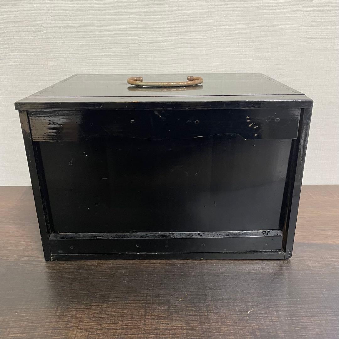 【骨董・漆器】天然木 漆塗 重箱 外箱付き 蒔絵（竹・矢）三段重提重アンティーク