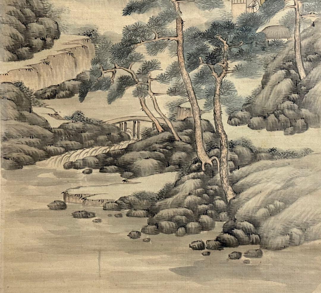 釧雲泉浅絳山水　亀田鵬斎題詩　絹本肉筆　鑑定入　箱付　掛軸　送料込み250824