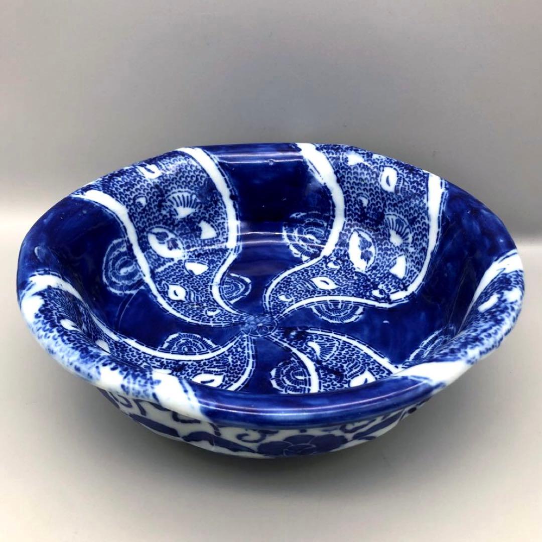 明治時代古伊万里ベロ藍蝶捻文印判手中押し鉢ボウル24cm伊万里焼骨董品