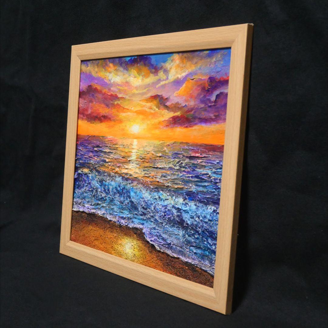 油絵 油彩 油彩画 絵 絵画 【水平線に沈む夕日】