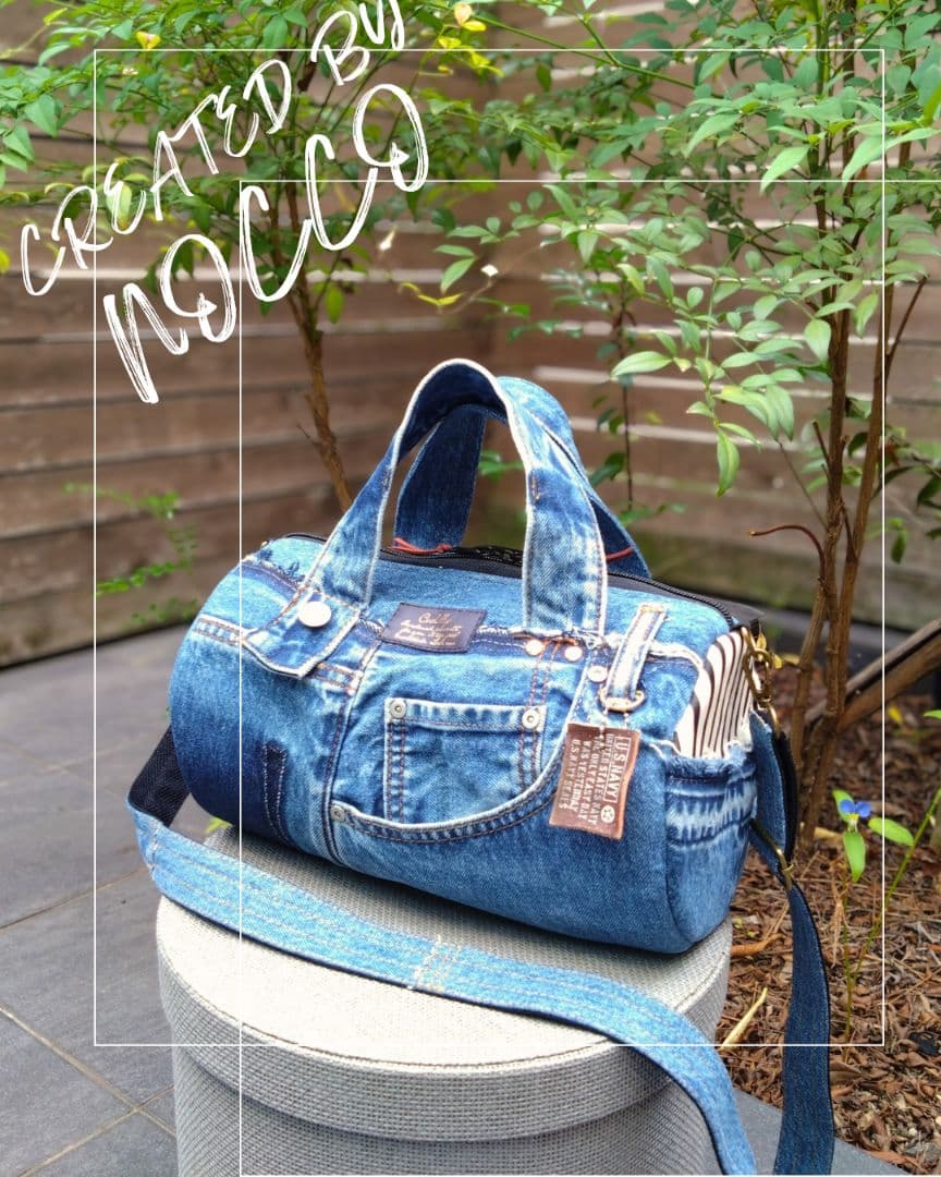 専用❕️№768【DENIM❌️ドラム缶型ボストンバッグ♥】デニムリメイクバッグ